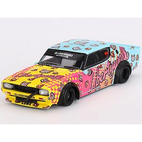Skyline Kenmeri Liberty Walk RHD (محرك اليد اليمنى) Kuma أزرق فاتح وأصفر مع رسومات إصدار محدود 1/64 Diecast Model Car من Mini GT MGT00698 in Kuwait