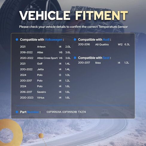 مستشعر درجة حرارة سائل تبريد المحرك ENA متوافق مع VW Volkswagen Audi Seat Atlas Cross Sport Jetta Golf A8 Quattro Ibiza 1.2L 1.4L 2.0L 3.6L 6.3L l3 l4 V6 W12 2021 2022 2023 2024 يستبدل TX274 in Kuwait