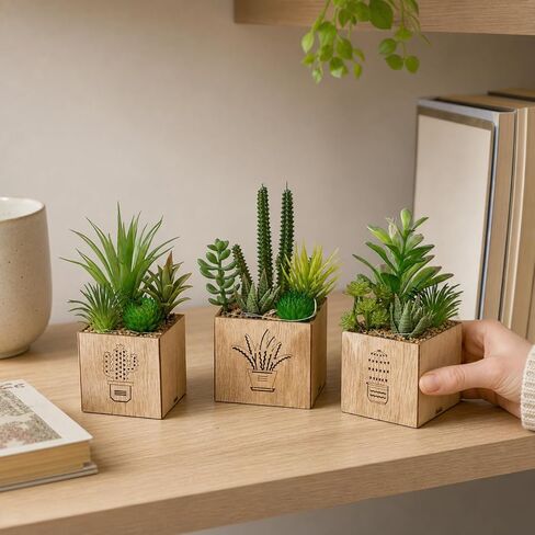 BEGONDIS Set of 3 Artificial Succulents with Led Lights in Wooden Box, Artificial Plants Plastic Fake Topiary for Home/Office Decorations, Table Centerpiece in Saudi Arabia