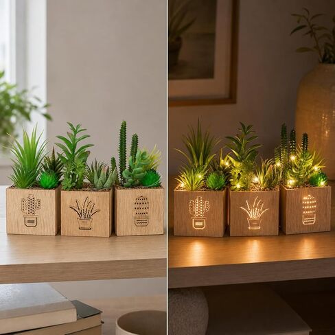 BEGONDIS Set of 3 Artificial Succulents with Led Lights in Wooden Box, Artificial Plants Plastic Fake Topiary for Home/Office Decorations, Table Centerpiece in Saudi Arabia
