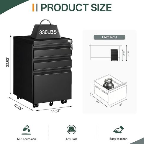 3 Drawer Mobile File Cabinet with Lock, Fully Assembled Except Casters, Under Desk Metal Filing Cabinet for Home Office Organization, Fits Letter/Legal/A4 in Saudi Arabia