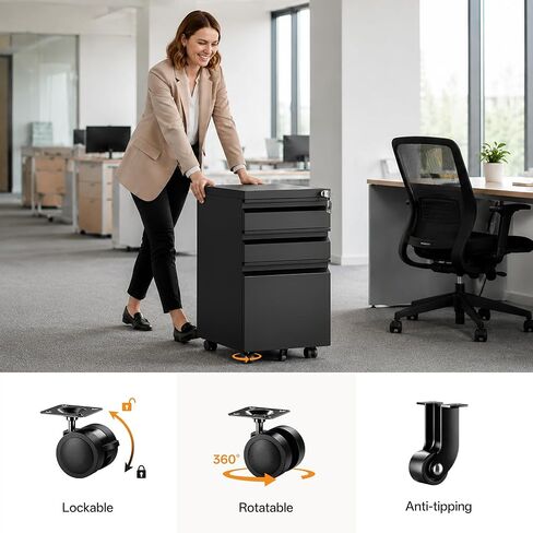 3 Drawer Mobile File Cabinet with Lock, Fully Assembled Except Casters, Under Desk Metal Filing Cabinet for Home Office Organization, Fits Letter/Legal/A4 in Saudi Arabia