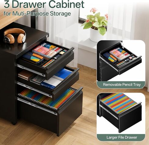 3 Drawer Mobile File Cabinet with Lock, Fully Assembled Except Casters, Under Desk Metal Filing Cabinet for Home Office Organization, Fits Letter/Legal/A4 in Saudi Arabia