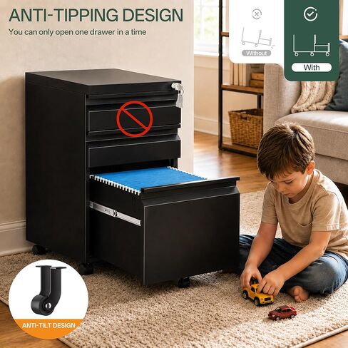 3 Drawer Mobile File Cabinet with Lock, Fully Assembled Except Casters, Under Desk Metal Filing Cabinet for Home Office Organization, Fits Letter/Legal/A4 in Saudi Arabia