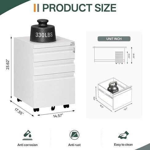3 Drawer Mobile File Cabinet with Lock, Fully Assembled Except Casters, Under Desk Metal Filing Cabinet for Home Office Organization, Fits Letter/Legal/A4 in Saudi Arabia