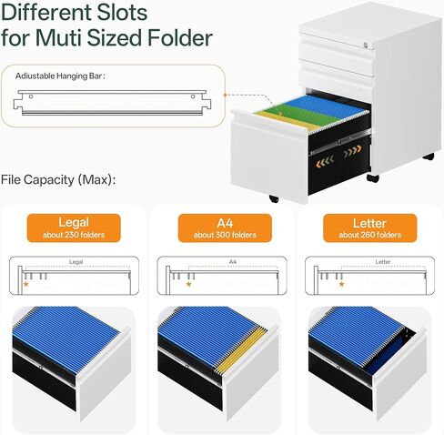 3 Drawer Mobile File Cabinet with Lock, Fully Assembled Except Casters, Under Desk Metal Filing Cabinet for Home Office Organization, Fits Letter/Legal/A4 in Saudi Arabia