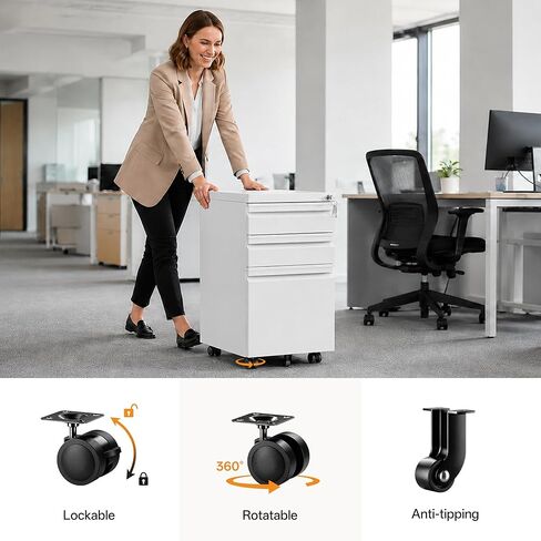 3 Drawer Mobile File Cabinet with Lock, Fully Assembled Except Casters, Under Desk Metal Filing Cabinet for Home Office Organization, Fits Letter/Legal/A4 in Saudi Arabia
