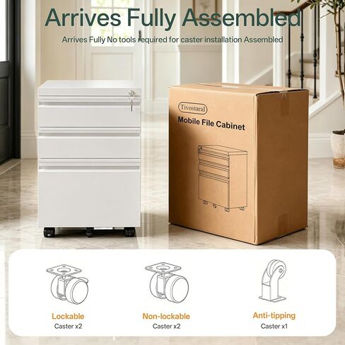 3 Drawer Mobile File Cabinet with Lock, Fully Assembled Except Casters, Under Desk Metal Filing Cabinet for Home Office Organization, Fits Letter/Legal/A4 in Saudi Arabia
