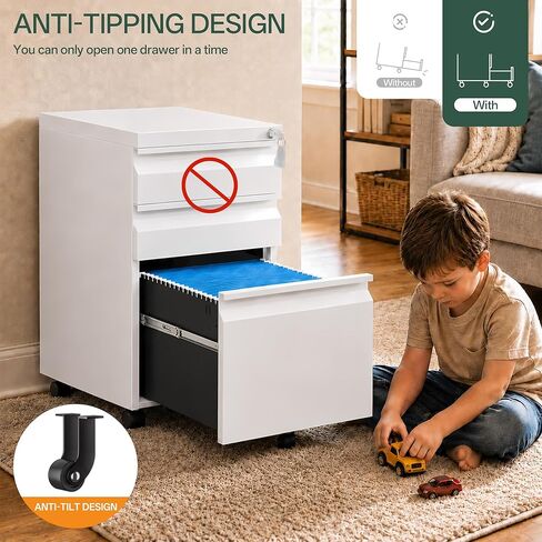 3 Drawer Mobile File Cabinet with Lock, Fully Assembled Except Casters, Under Desk Metal Filing Cabinet for Home Office Organization, Fits Letter/Legal/A4 in Saudi Arabia