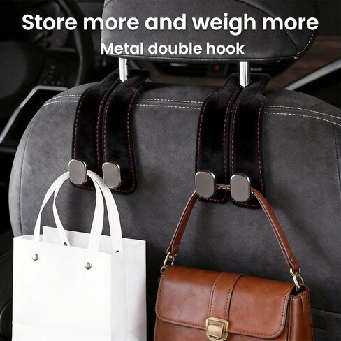Car Headrest Hook, Seat Back Storage Hook, Luxury Leather Metal Multi-functional Car Organizer Hook (Black - 4 Piece Set) in Saudi Arabia