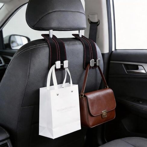 Car Headrest Hook, Seat Back Storage Hook, Luxury Leather Metal Multi-functional Car Organizer Hook (Black - 4 Piece Set) in Saudi Arabia