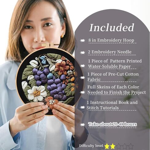FONNUY Embroidery Kit for Beginners, Grapes Fruit Floral Pre-Stamped Pattern Kits for Adults with Hoop, Easy to Follow Color Thread Needlework, 8'' Hoop (Blue) in Saudi Arabia