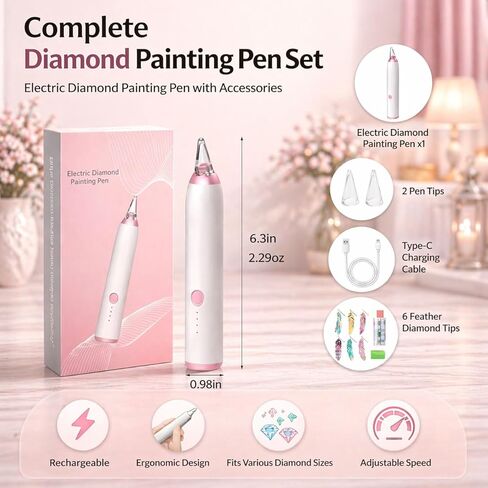HAUTLENCE Electric Diamond Painting Vacuum Pen, Diamond Art Tools, Rechargeable Long-Lasting, Non Interupted Wireless Vacuum Pen, 3-Speed Adjustable Suction, Quiet, Includes 6 Feather Bookmarks in Kuwait