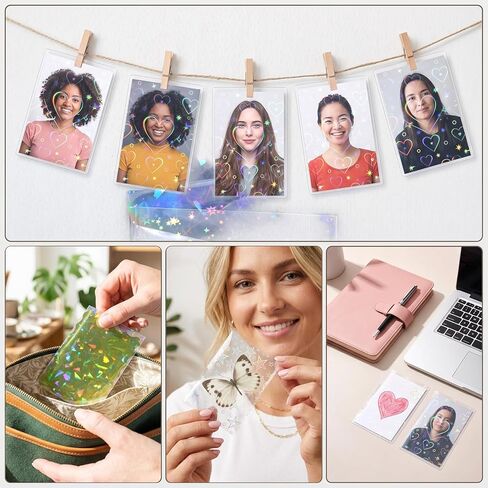 300 Pcs Laser Flashing Photocard Sleeves Rainbow Holographic Trading Card Protector Waterproof Transparent Star Heart Photo Card Protective Cover for Photocard in Saudi Arabia