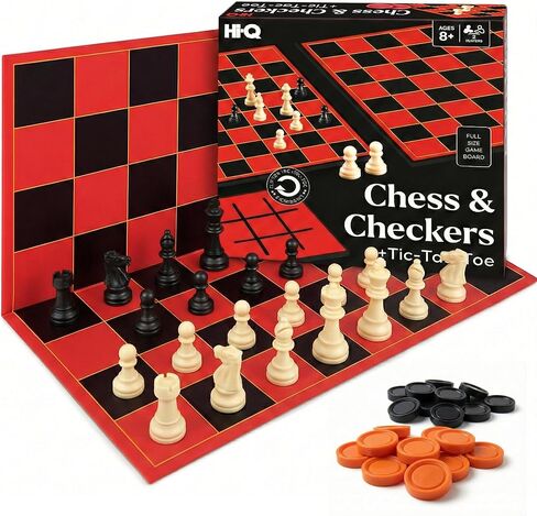 3-in-1 Chess, Checkers & Tic-Tac-Toe Game Set – Double-Sided Folding Board – Staunton Style Pieces & Interlocking Checkers – Classic Strategy Family Board Game for Kids & Adults in Saudi Arabia