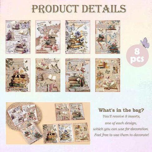 8Pcs Vintage Book Inserts Cardstock Paper for E-Reader Reading Theme E-Reader Back Cover Insert Decorating Accessories for Paper White 11th-12th in Kuwait