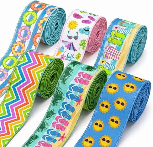 6 Rolls Summer Wired Edge Ribbons, 24 Yards 2.5 in Flip Flop Sunshine Stripe Patterns Gift Wrapping Ribbon for Beach Themed DIY Crafts Bow Wreath Summer Party Decorations in Saudi Arabia