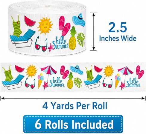 6 Rolls Summer Wired Edge Ribbons, 24 Yards 2.5 in Flip Flop Sunshine Stripe Patterns Gift Wrapping Ribbon for Beach Themed DIY Crafts Bow Wreath Summer Party Decorations in Saudi Arabia