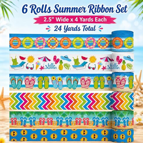 6 Rolls Summer Wired Edge Ribbons, 24 Yards 2.5 in Flip Flop Sunshine Stripe Patterns Gift Wrapping Ribbon for Beach Themed DIY Crafts Bow Wreath Summer Party Decorations in Saudi Arabia