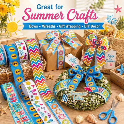 6 Rolls Summer Wired Edge Ribbons, 24 Yards 2.5 in Flip Flop Sunshine Stripe Patterns Gift Wrapping Ribbon for Beach Themed DIY Crafts Bow Wreath Summer Party Decorations in Saudi Arabia
