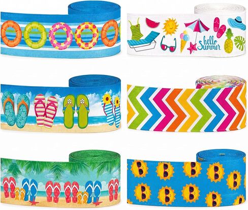 6 Rolls Summer Wired Edge Ribbons, 24 Yards 2.5 in Flip Flop Sunshine Stripe Patterns Gift Wrapping Ribbon for Beach Themed DIY Crafts Bow Wreath Summer Party Decorations in Saudi Arabia