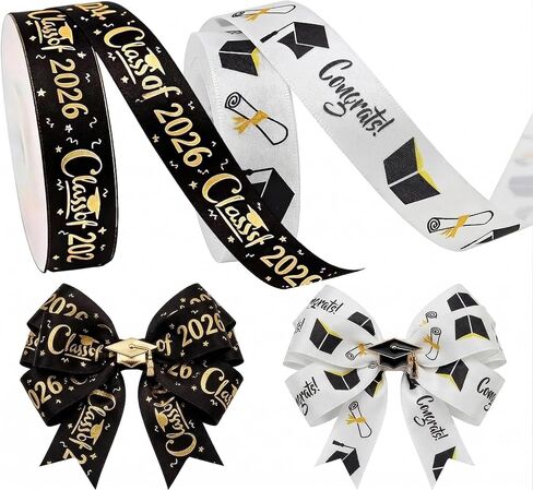 2 Rolls Class of 2026 Graduation Ribbon - 20 Yards (0.63 Inch Wide) Black & White Gold Foil Congrats Fabric Ribbons for Graduation Lei Making, Gift Wrapping, Flower Bouquets & Party Favors in Saudi Arabia