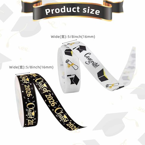 2 Rolls Class of 2026 Graduation Ribbon - 20 Yards (0.63 Inch Wide) Black & White Gold Foil Congrats Fabric Ribbons for Graduation Lei Making, Gift Wrapping, Flower Bouquets & Party Favors in Saudi Arabia