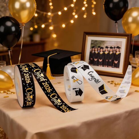 2 Rolls Class of 2026 Graduation Ribbon - 20 Yards (0.63 Inch Wide) Black & White Gold Foil Congrats Fabric Ribbons for Graduation Lei Making, Gift Wrapping, Flower Bouquets & Party Favors in Saudi Arabia
