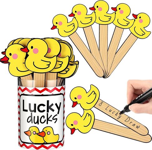 Skylety 36 Pcs Lucky Ducks Flip Name Sticks with Pen Holder Sticker Pen Mini Yellow Ducks Student Name Calling Stick Teacher Essentials for Back to School Classroom Management Learning Supplies in Kuwait