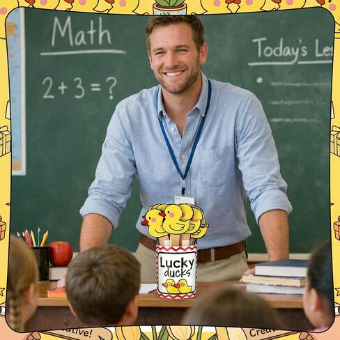 Skylety 36 Pcs Lucky Ducks Flip Name Sticks with Pen Holder Sticker Pen Mini Yellow Ducks Student Name Calling Stick Teacher Essentials for Back to School Classroom Management Learning Supplies in Kuwait