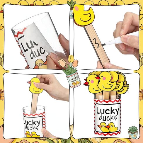 Skylety 36 Pcs Lucky Ducks Flip Name Sticks with Pen Holder Sticker Pen Mini Yellow Ducks Student Name Calling Stick Teacher Essentials for Back to School Classroom Management Learning Supplies in Kuwait