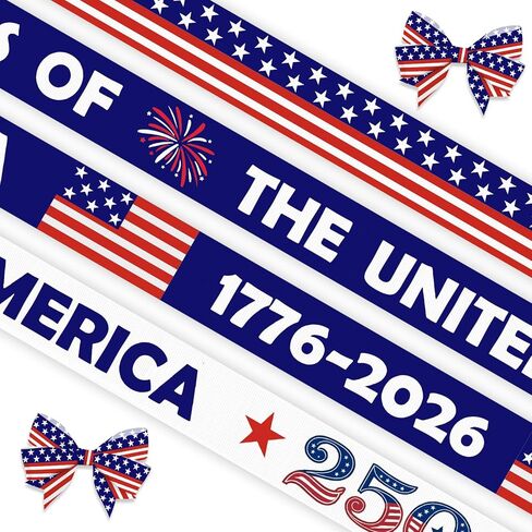 4 Pieces 250th Independence Anniversary Ribbons for Crafting, American Flag Grosgrain Ribbons for Gift Wrapping 1776-2026 Patriotic Decorations-5/8 ×5 Yards Each in Kuwait