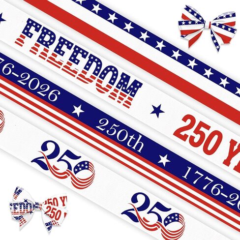4 Pieces 250th Independence Anniversary Ribbons for Crafting, American Flag Grosgrain Ribbons for Gift Wrapping 1776-2026 Patriotic Decorations-5/8 ×5 Yards Each in Kuwait