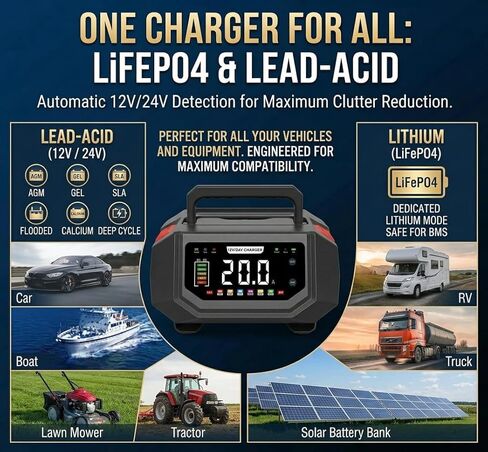 HAUSPROFI 20A Smart Car Battery Charger 12V/24V, Adjustable Current (1A-20A) Automotive Battery Maintainer & Trickle Charger with Pulse Repair, Desulfator for AGM, LiFePO4, Deep Cycle, Boat, RV - 0V A in Saudi Arabia