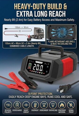 HAUSPROFI 20A Smart Car Battery Charger 12V/24V, Adjustable Current (1A-20A) Automotive Battery Maintainer & Trickle Charger with Pulse Repair, Desulfator for AGM, LiFePO4, Deep Cycle, Boat, RV - 0V A in Saudi Arabia