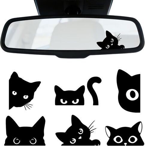 Rislobx Rearview Mirror Decal, 6PCS Black Peeking Cat Vanity Car Mirror Stickers, Vinyl Waterproof Car Window Decorative Sticker for Bottle Skateboard Motorcycle Notebook (Peeking Cat) in Kuwait
