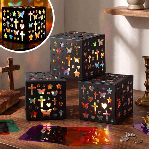 DoubleFill 24 مجموعة VBS Crafts Tissue Paper Lanterns Crafts Kits، ديني، مناديل ورقية متقاطعة، فوانيس ورقية مجمعة، صليب الشمس DIY، زخارف متقاطعة للكنيسة ومدرسة الأحد VBS Art Classroom in Kuwait
