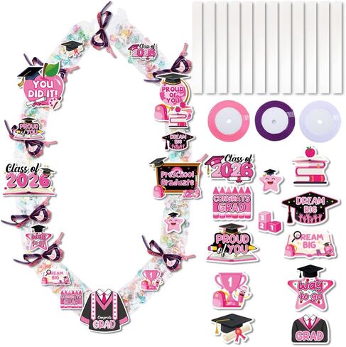 Preschool Candy Lei Making Kit for Graduation 2026, 12 Pcs Clear Plastic Bags Pink Stickers 60 Pcs Paper Cards Grad with Pink Purple White Ribbons for Kindergarten Grad Party Gift in Saudi Arabia