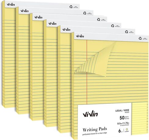 ViVin Legal Pads 8.5 x 11 Inch, Wide Ruled Note Pads, 6 Pack, 50 Sheet/Pad, Notepads for Office Home School, 300 Sheets, Perforated Writing Pads, Canary Yellow Paper in Saudi Arabia