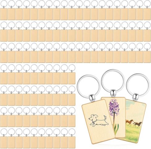100 Pcs Wooden Keychain Blanks Bulk, Unfinished Wood Engraving Blank Key Chain DIY Rectangular Key Ring Tags for Crafts Gift,Pet Tags in Saudi Arabia