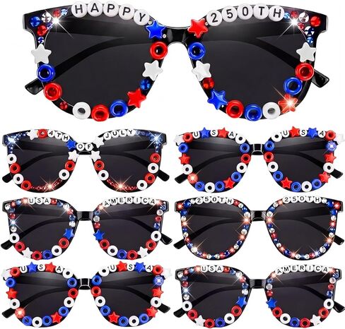 Kingdder 12 قطعة الولايات المتحدة الأمريكية 4 يوليو DIY النظارات الشمسية 250th مجموعة الديكور الحرفية الوطنية أمريكا الأحمر الأبيض والأزرق النظارات مع الخرز 250th حزب تفضل يوم الاستقلال الولايات المتحدة نظارات القلب الملحقات in Kuwait