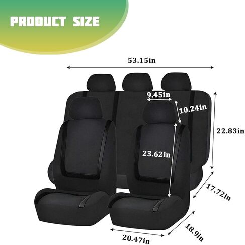 Car Seat Covers Full Set, Soft Breathable Vehicle Front and Rear Split Bench with Headrest Cover, Comfortable Automotive Interior Seat Protector, Universal for Van Truck Sedan (Black) in Saudi Arabia