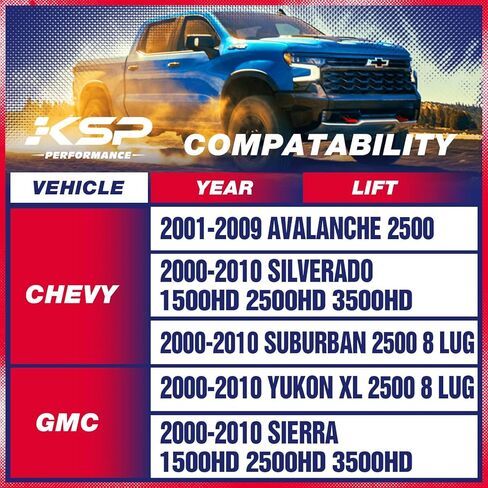 كتلة رفع KSP 2 بوصة لسيارة Chevy Silverado & GMC Sierra 1500HD 2500HD 3500HD 2000-2010، مجموعة تسوية خلفية 2 بوصة مع مسامير U مربعة لـ 2001-2009 Chevy Avalanche 2500 2000-2010 Suburban Yukon XL 2500 8 Lug in Kuwait
