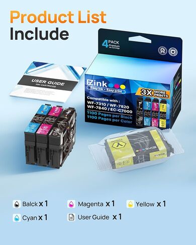 استبدال خرطوشة الحبر المعاد تصنيعها من E-Z لمجموعة خراطيش الحبر 812XL WF-7840 لطابعة Epson WF-7840 WF-7820 WF-7310 EC-C7000 (4 عبوات، أسود سماوي أرجواني أصفر) in Kuwait