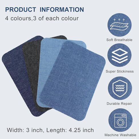 Iron On Patches for Jeans, Washable Jean Patches, Denim Patches for Inside Jeans, 12 Pack Iron Patches for Clothing, 3 By 4-1/4 Inch, 4 Colors in Saudi Arabia
