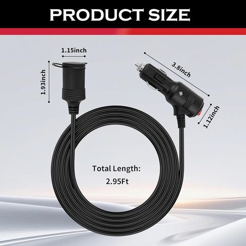 3Ft 16AWG Cigarette Lighter Extension Cord,Heavy Duty 12V Extension Cord with 15A Fuse & LED Indicator,Plug & Play Cigarette Lighter Extender for Car Refrigerator,Coolers in Kuwait