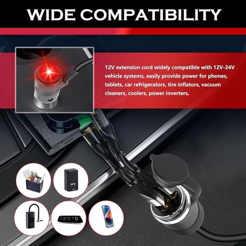 3Ft 16AWG Cigarette Lighter Extension Cord,Heavy Duty 12V Extension Cord with 15A Fuse & LED Indicator,Plug & Play Cigarette Lighter Extender for Car Refrigerator,Coolers in Kuwait