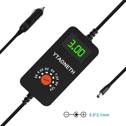 Car Charger Adapter with 3V 4.5V 5V 6V 7.5V 9V 12V Output，LED Display Voltage, Auto Cigarette Lighter Male Plug Truck Power Supply Adapter Cable for Portable DVD Player Dash cam Speaker and More in Saudi Arabia