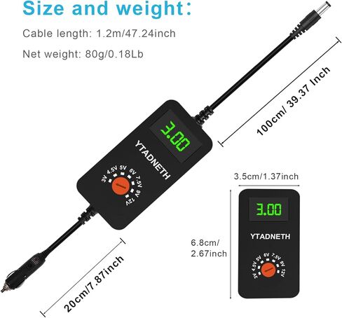 Car Charger Adapter with 3V 4.5V 5V 6V 7.5V 9V 12V Output，LED Display Voltage, Auto Cigarette Lighter Male Plug Truck Power Supply Adapter Cable for Portable DVD Player Dash cam Speaker and More in Saudi Arabia