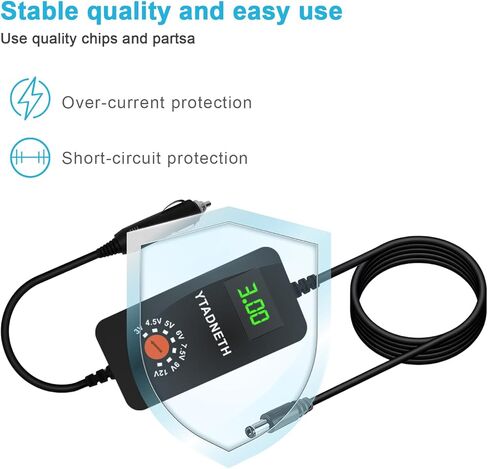 Car Charger Adapter with 3V 4.5V 5V 6V 7.5V 9V 12V Output，LED Display Voltage, Auto Cigarette Lighter Male Plug Truck Power Supply Adapter Cable for Portable DVD Player Dash cam Speaker and More in Saudi Arabia